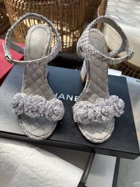 CHANEL Tweed Floral Ankle-Strap Heels in Light Gray